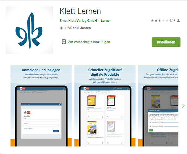 Screenshot der Installation der Klett Lernen App
