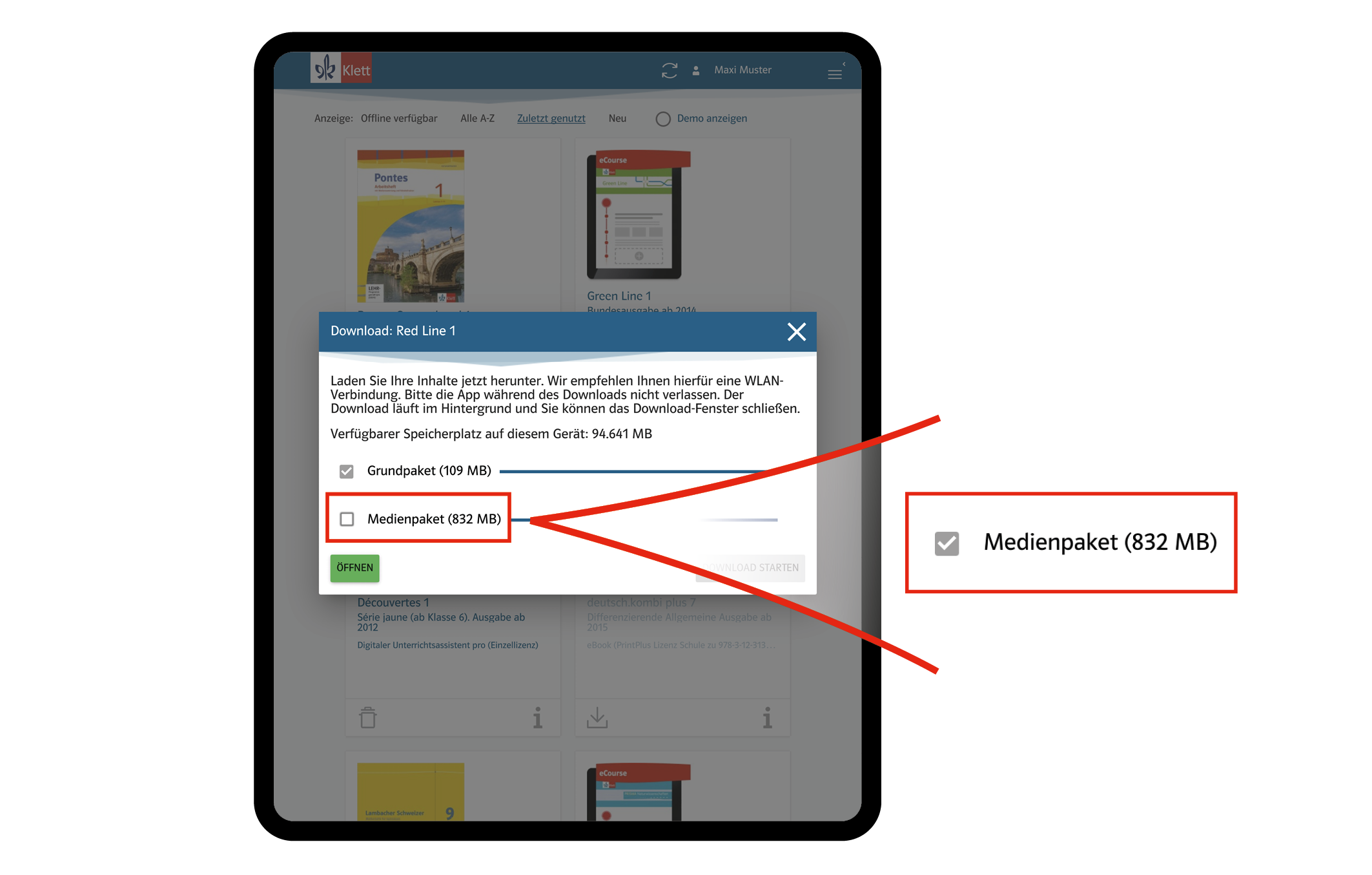 Screenshot der Auswahl des Medienpakets