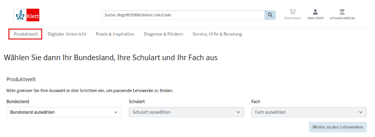 Navigationsbeispiel auf klett.de: Lehrwerk-Auswahl nach Bundesland, Schulart, Fach