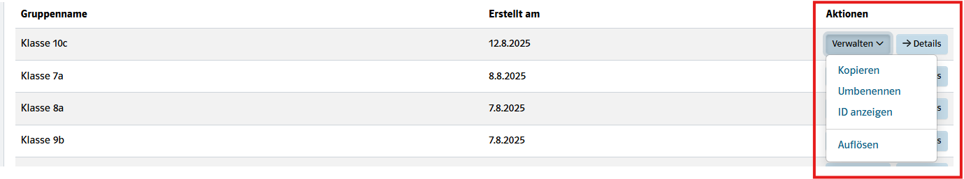 Ansicht der Detailseite der Gruppe