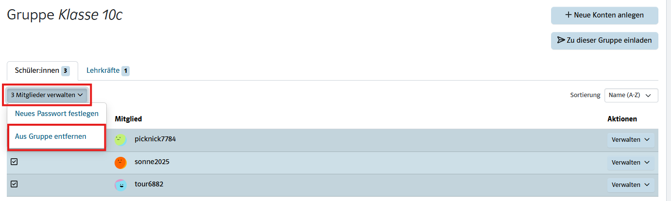 Ansicht der Option zum Entfernen einzeln