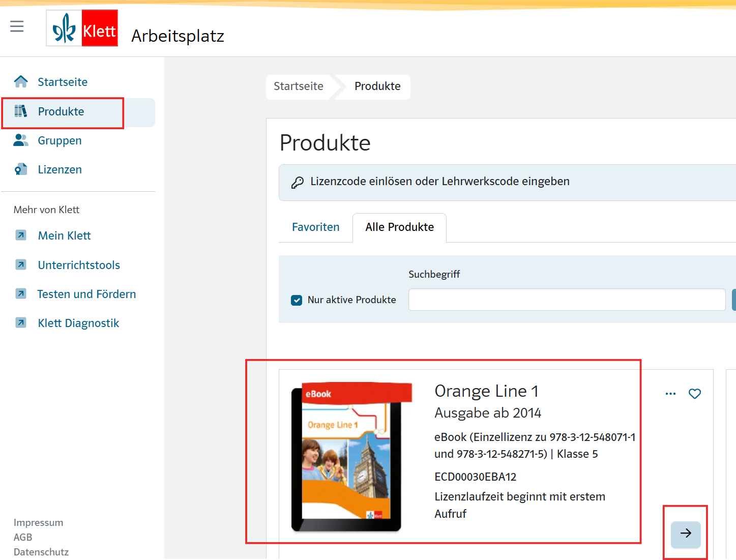 Screenshot: Produkt erscheint im Bereich Produkte