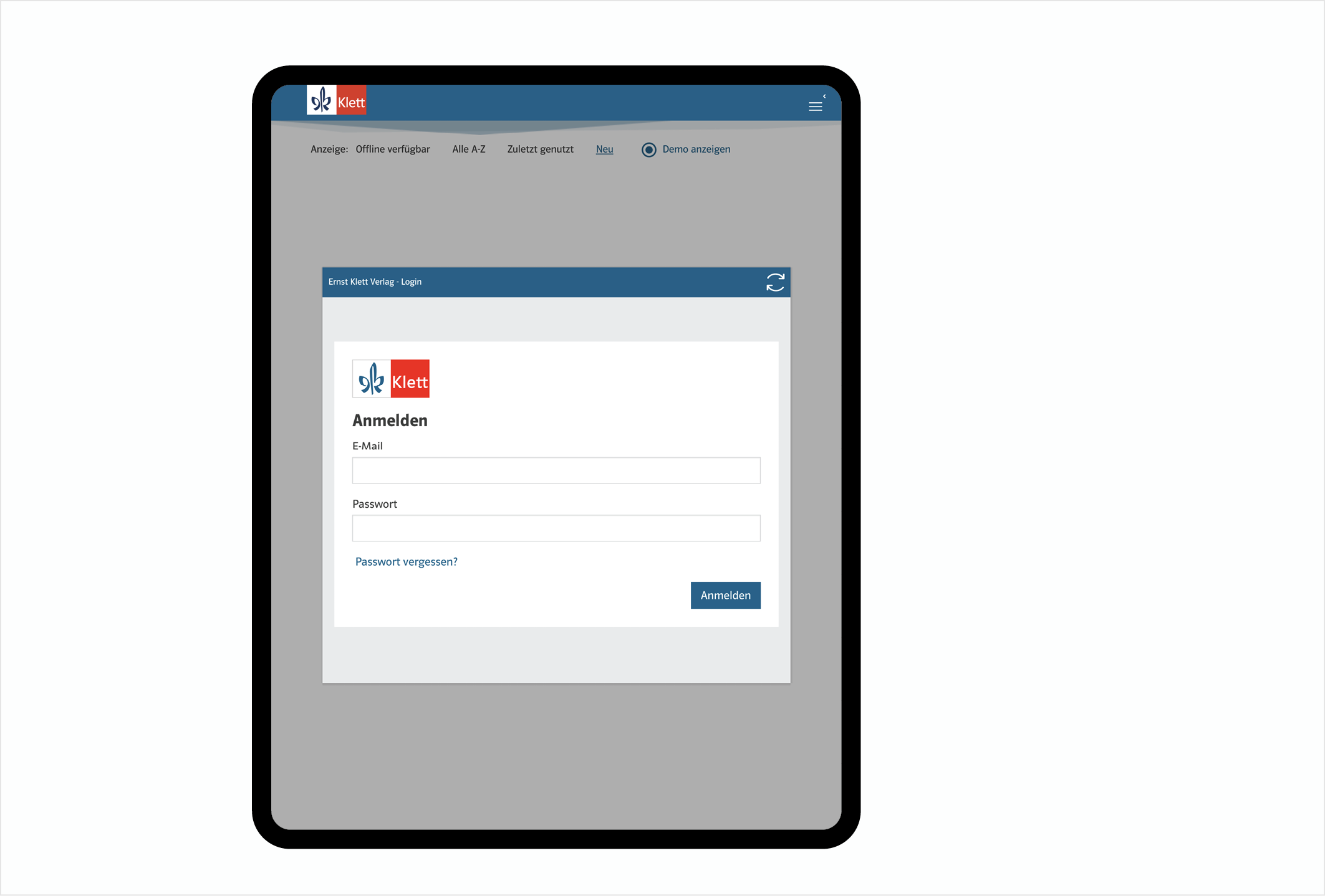 Screenshot des Anmelde-Bildschirms der Klett Lernen App