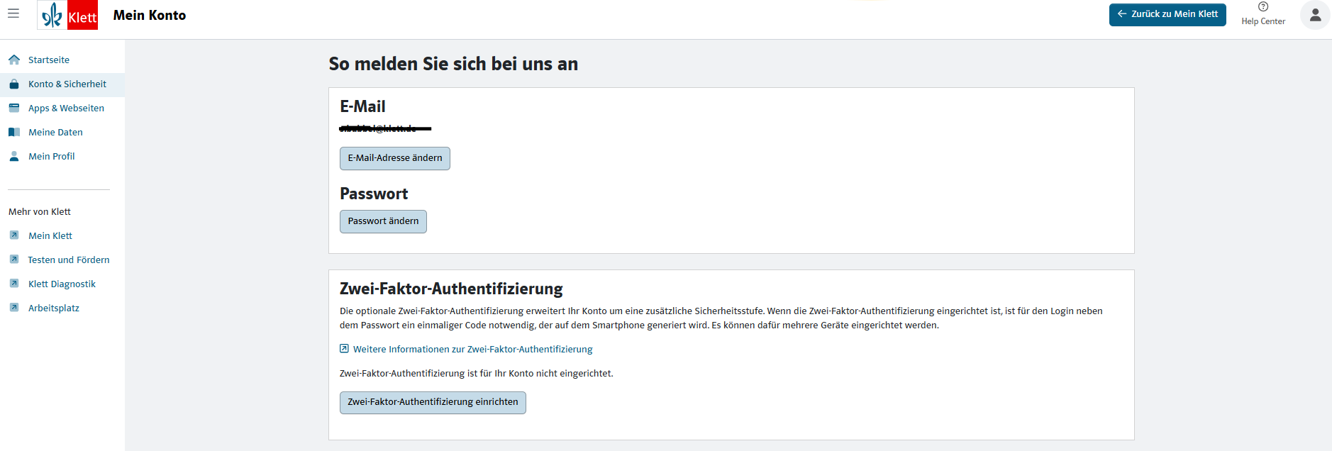 Screenshot des Bereichs "Konto und Sicherheit "