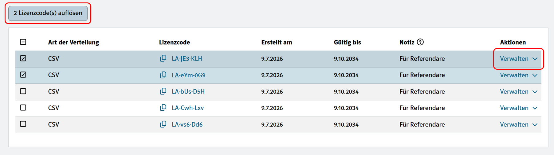 Ansicht der aufgelisteten Lizenzen