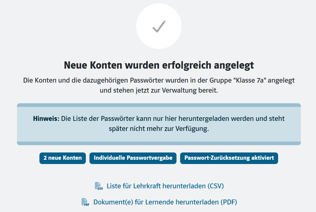 Ansicht der Bestätigungsmeldung nach erfolgreicher Kontenanlage